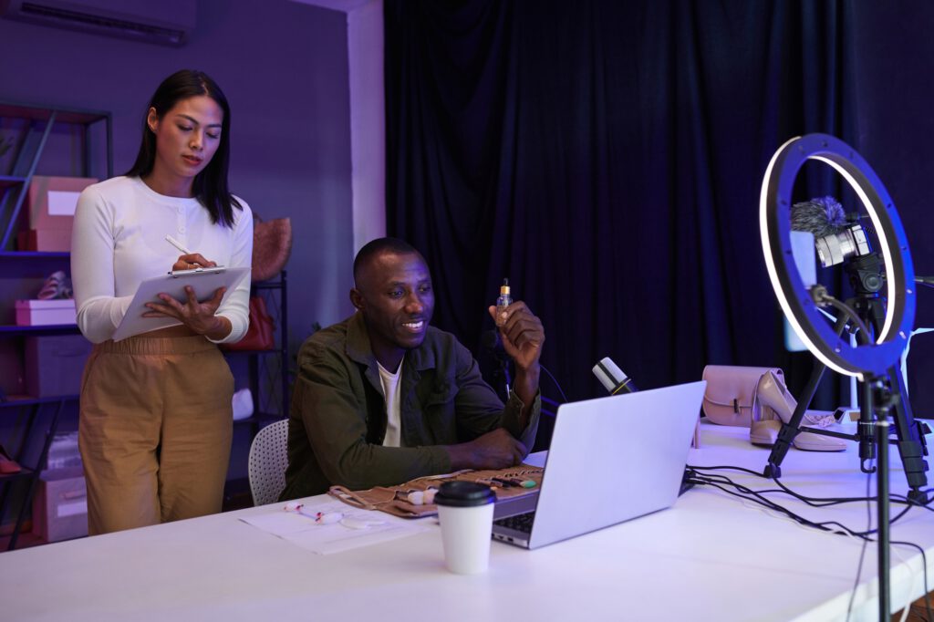 Team of Bloggers Filming Products Reviews